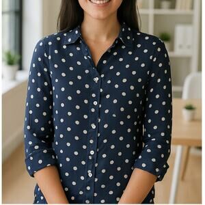 2/$30 Ann Taylor Large Women's Blue Roll Tab Sleeve Polka Dot Button Up Shirt